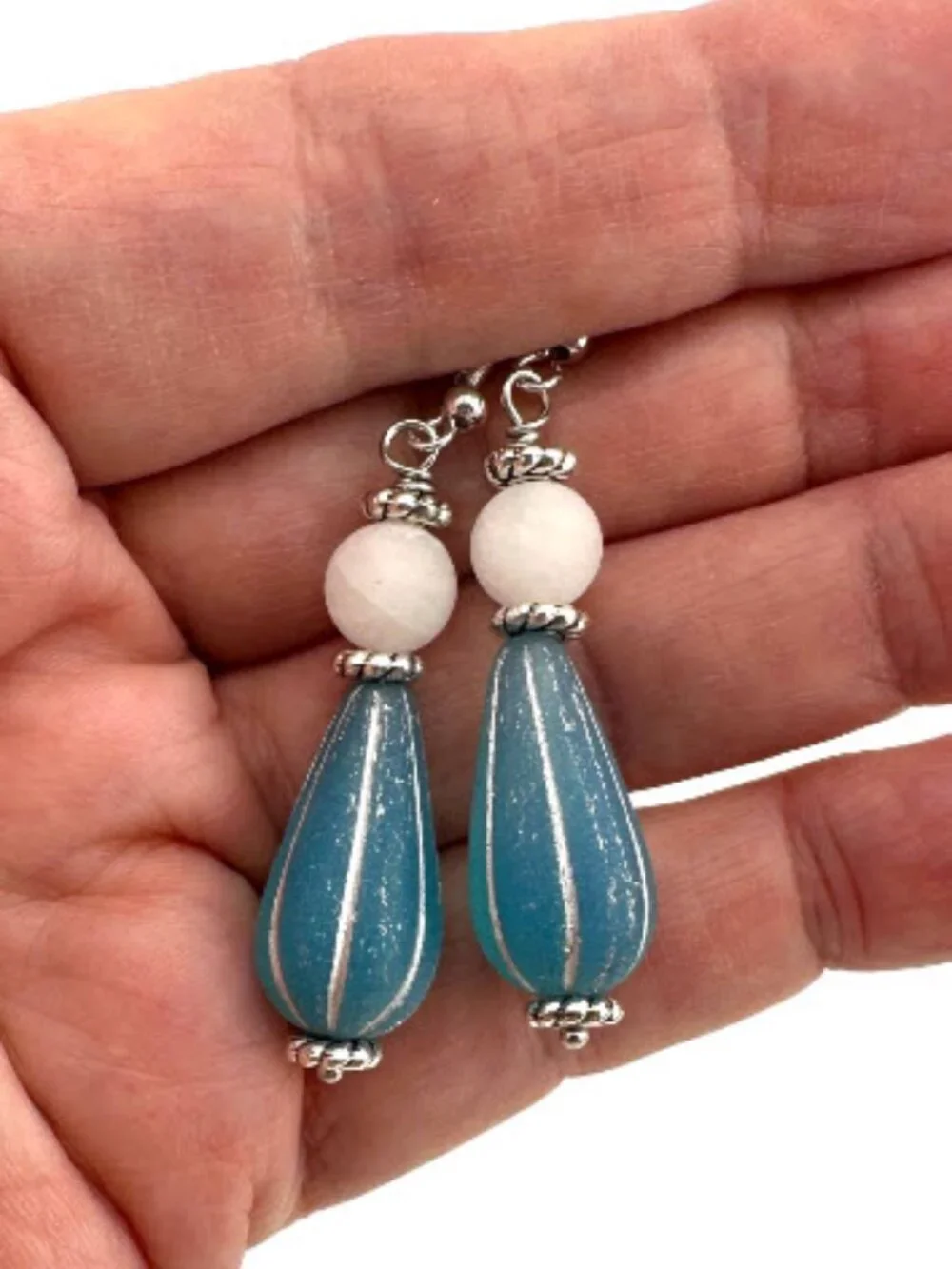 Blue Czech Glass Teardrop Earrings White Jade 925 Sterling Silver Coastal Boho